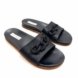 Steve Madden Kenetic Black Flat Slide Sandals with Chain Accent Womens 8